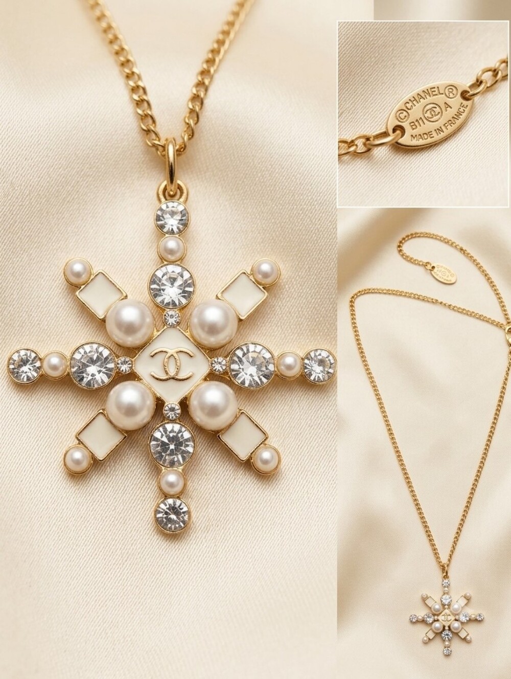 Modern Lux Fashion Pearl & Crystal Snowflake Pendant Necklace - Not Chanel